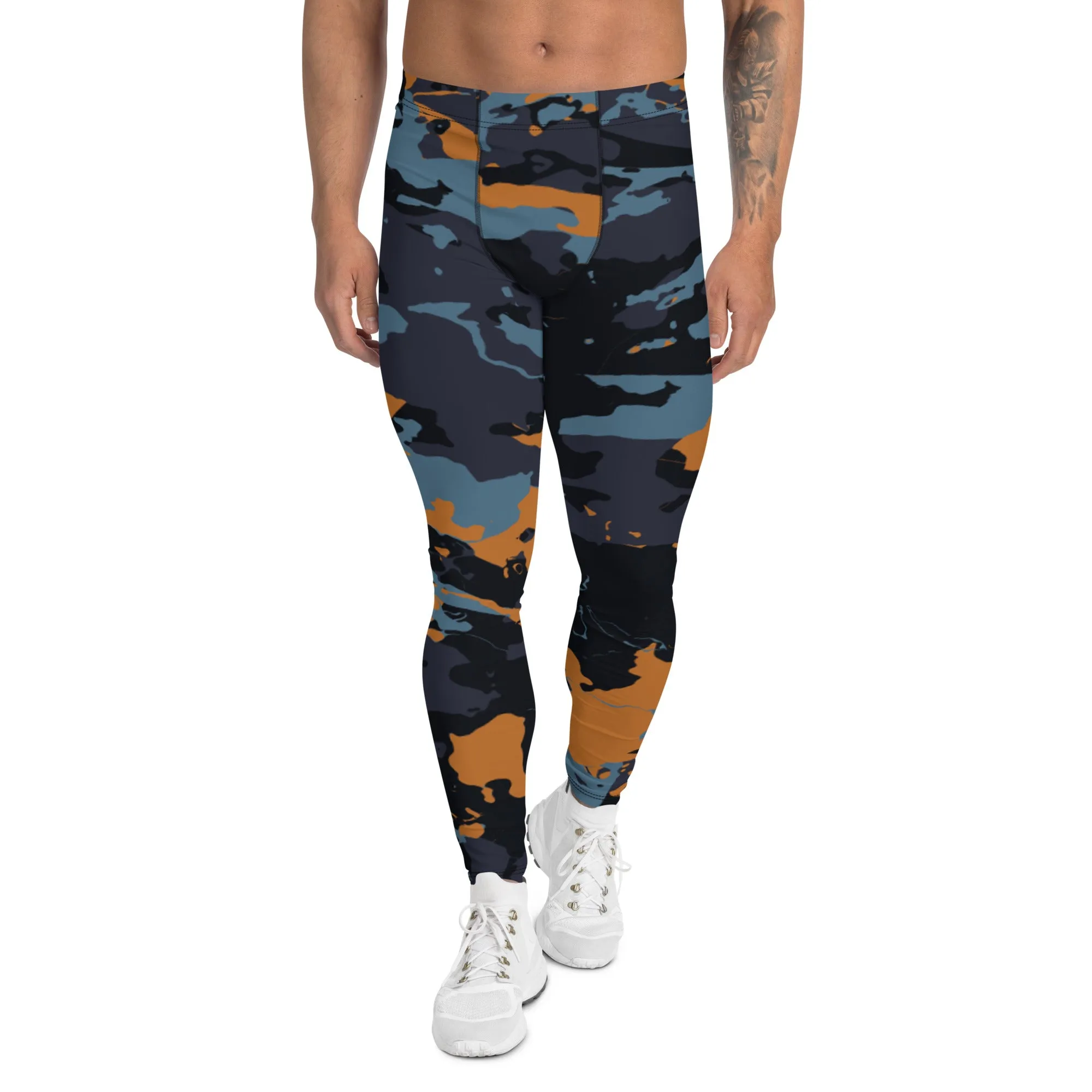 Black Brown Camo Men's Leggings, Camouflaged Military Print Best Designer Men's Leggings - Made in USA/EU/MX