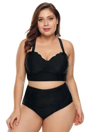 Black Scalloped Detail High Waist Plus Size Bkini Swimsuit