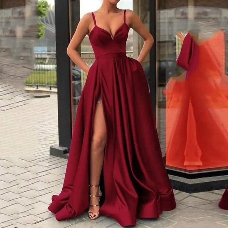 Slinky Satin Bustier V Neck Thigh High Split Maxi Dress